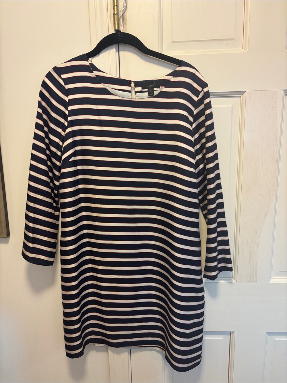 Jcrew, 100% Silk, Navy and White Long Sleeve Shift Dress